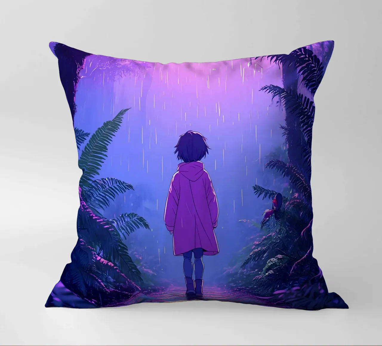 Una ragazza in piedi in una giungla in una notte di pioggia Lofi Art cuscino da LoFi Gallery