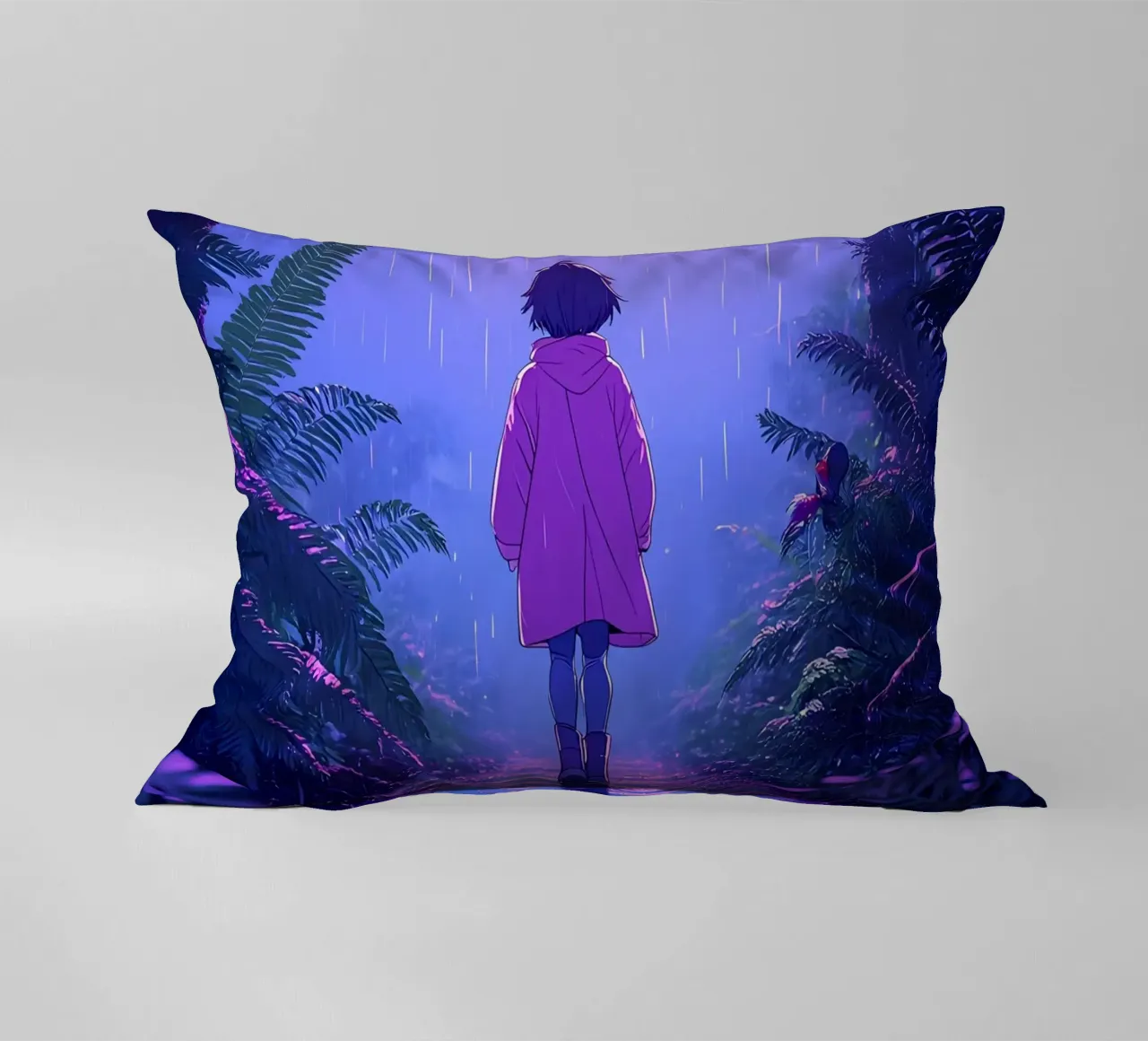 Una ragazza in piedi in una giungla in una notte di pioggia Lofi Art cuscino da LoFi Gallery
