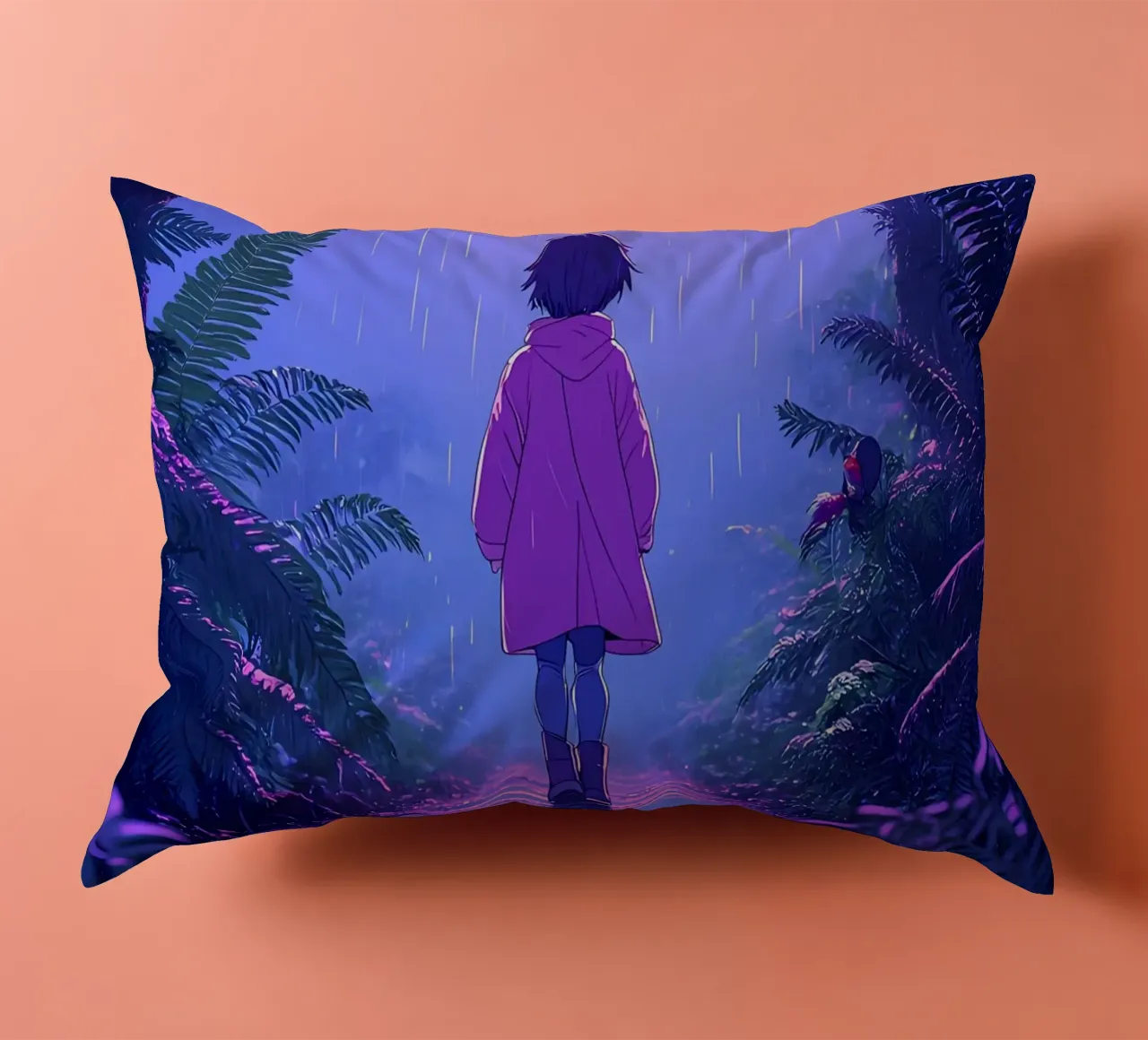 Una ragazza in piedi in una giungla in una notte di pioggia Lofi Art cuscino da LoFi Gallery