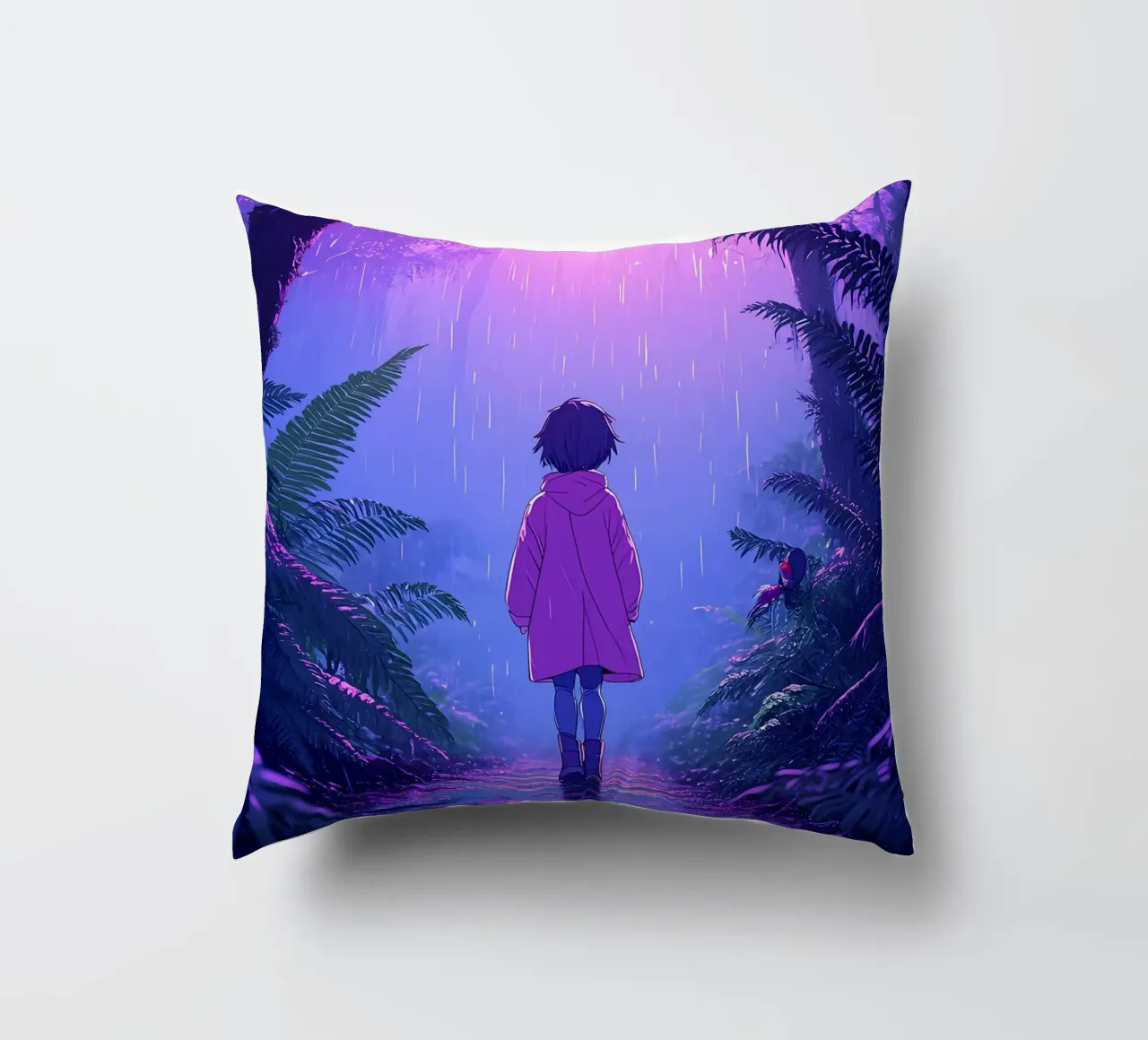 Una ragazza in piedi in una giungla in una notte di pioggia Lofi Art cuscino da LoFi Gallery