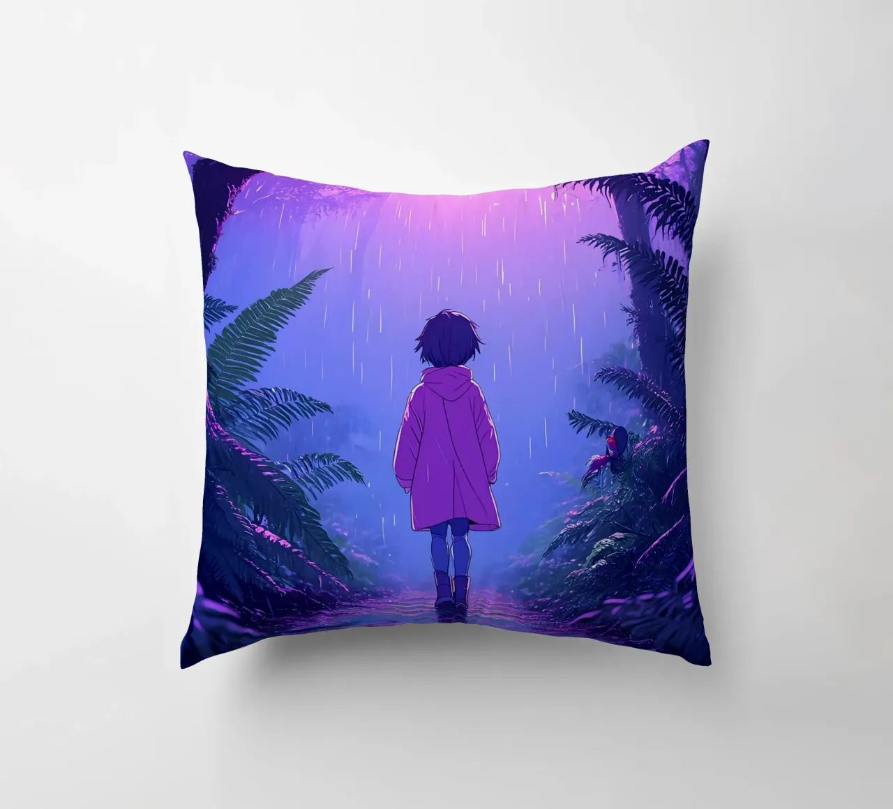 Una ragazza in piedi in una giungla in una notte di pioggia Lofi Art cuscino da LoFi Gallery