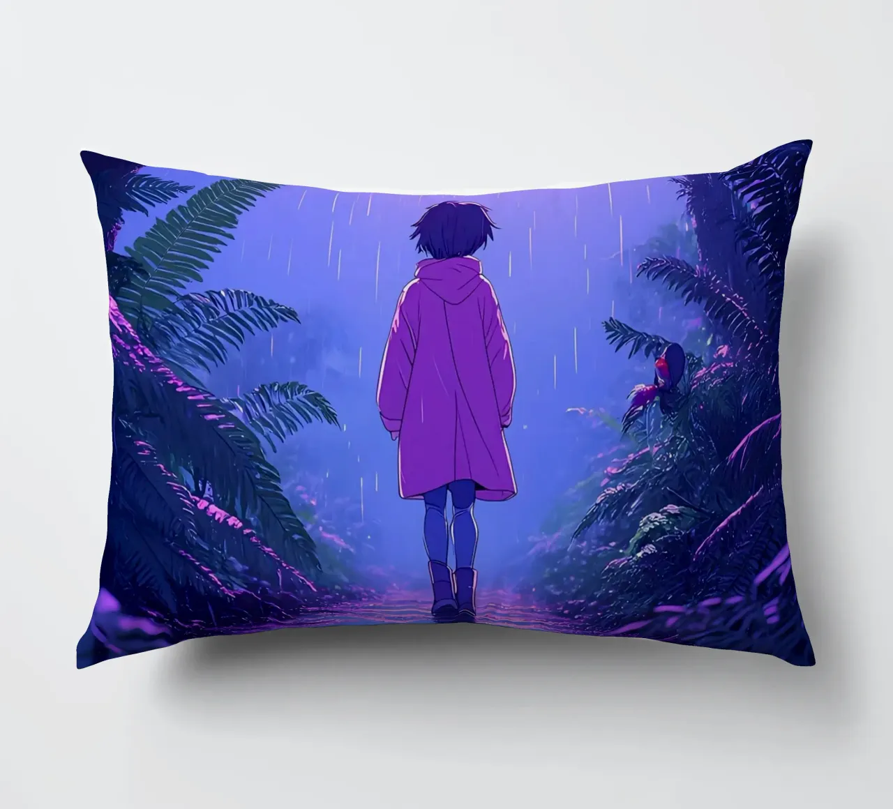 Una ragazza in piedi in una giungla in una notte di pioggia Lofi Art cuscino da LoFi Gallery