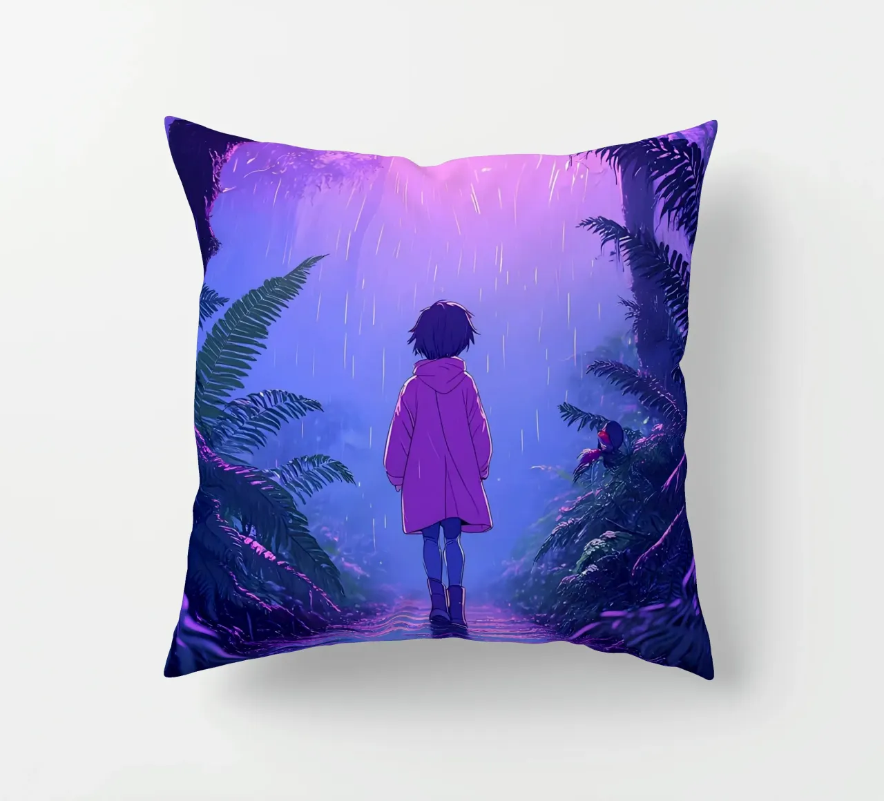 Una ragazza in piedi in una giungla in una notte di pioggia Lofi Art cuscino da LoFi Gallery
