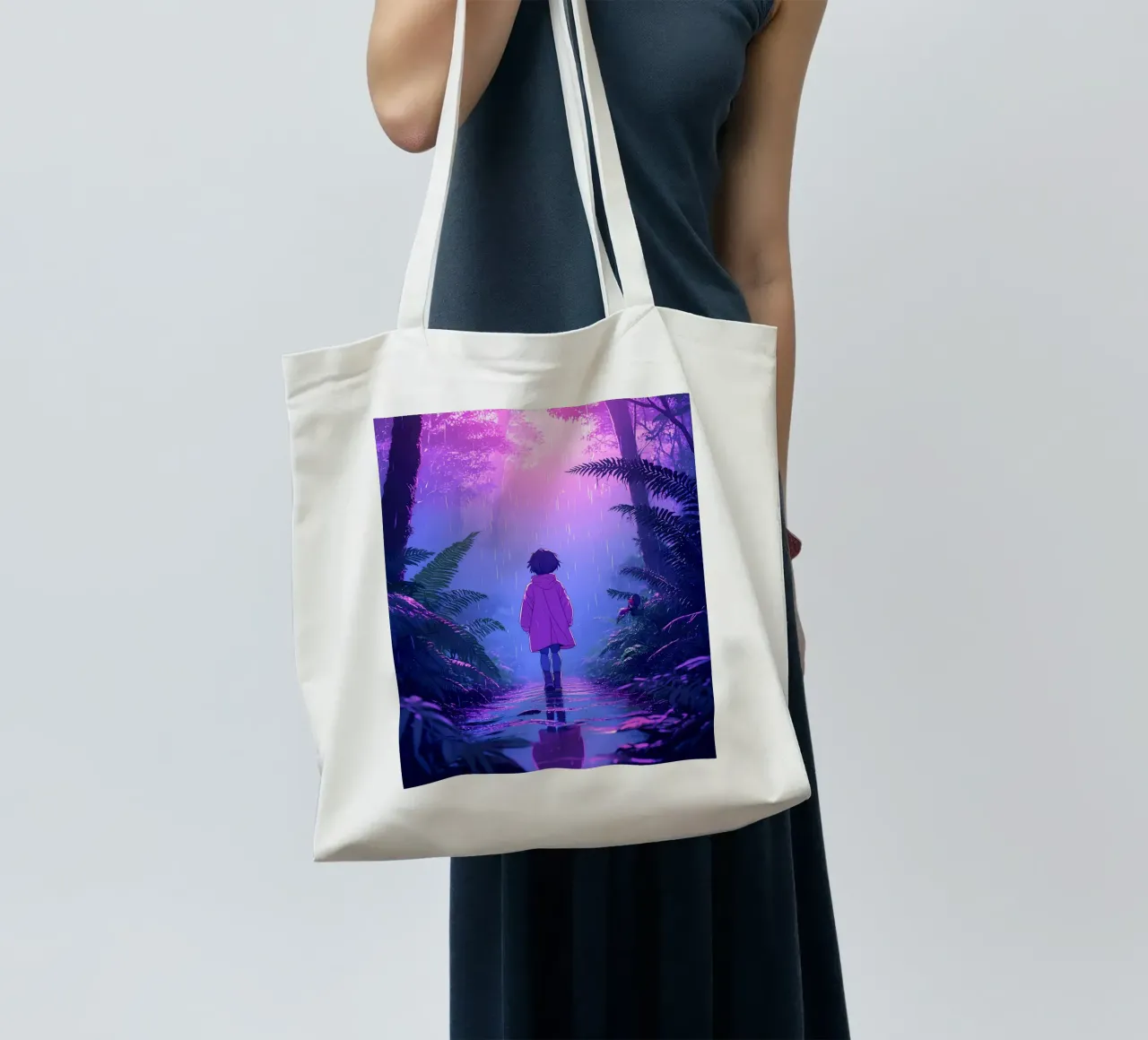 Una ragazza in piedi in una giungla in una notte di pioggia Lofi Art borsa in juta da LoFi Gallery