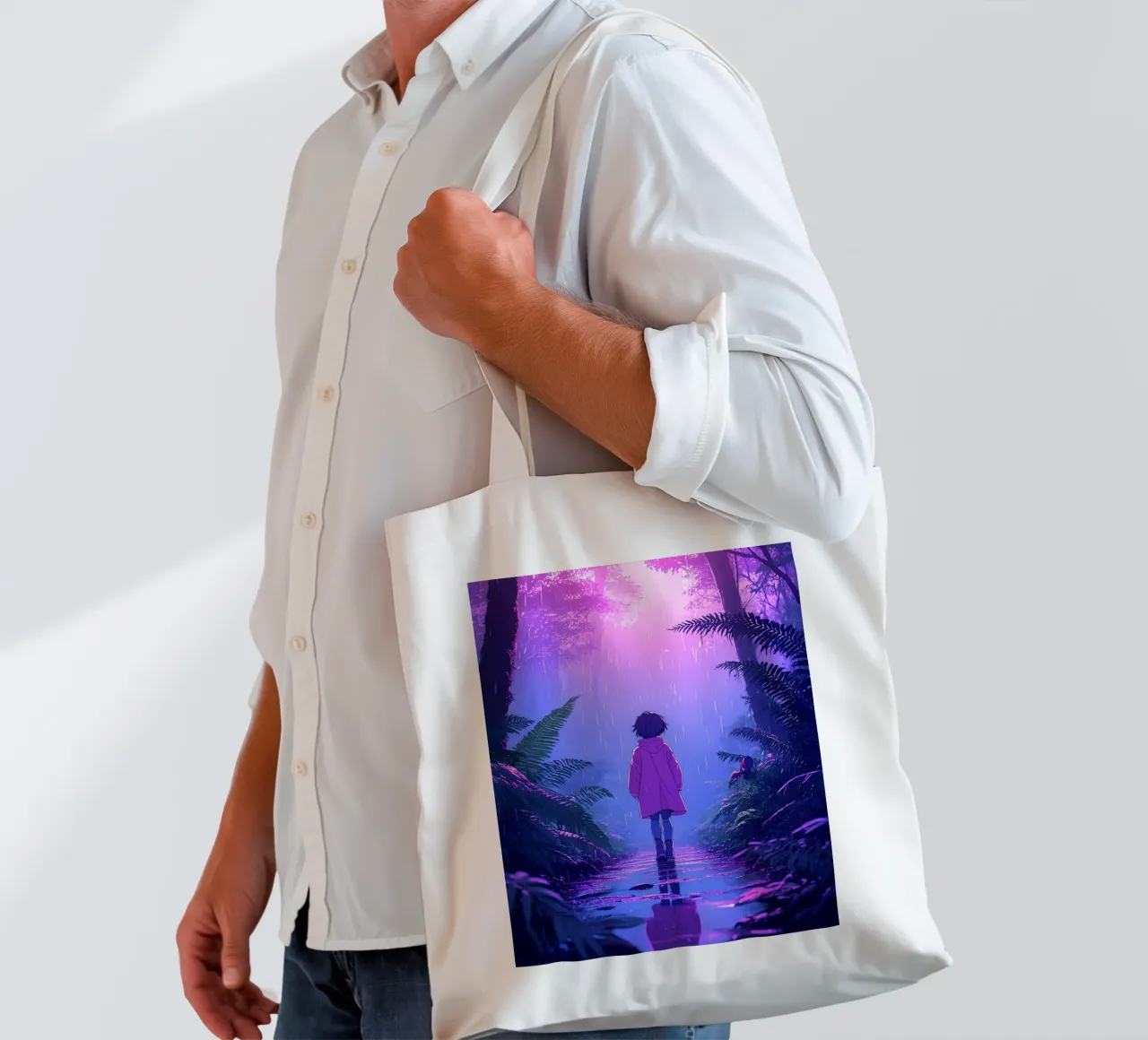 Una ragazza in piedi in una giungla in una notte di pioggia Lofi Art borsa in juta da LoFi Gallery