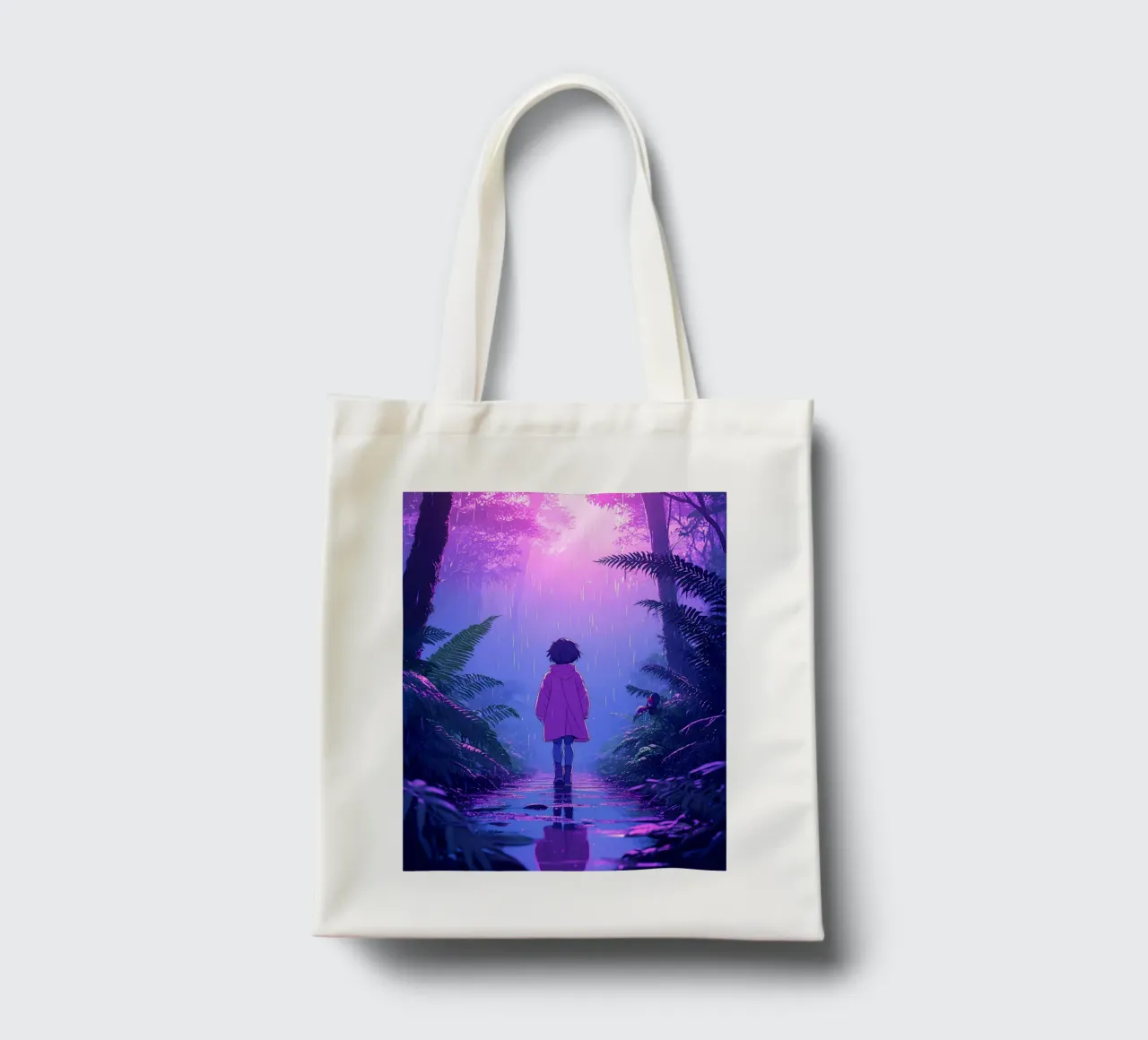 Una ragazza in piedi in una giungla in una notte di pioggia Lofi Art borsa in juta da LoFi Gallery