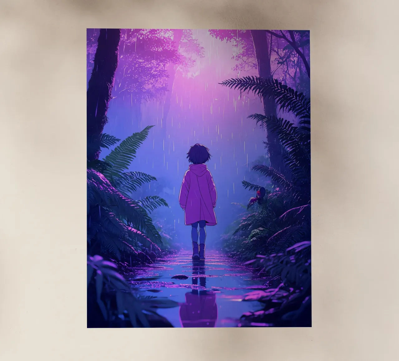 Una ragazza in piedi in una giungla in una notte di pioggia Lofi Art pellicola backlit da LoFi Gallery