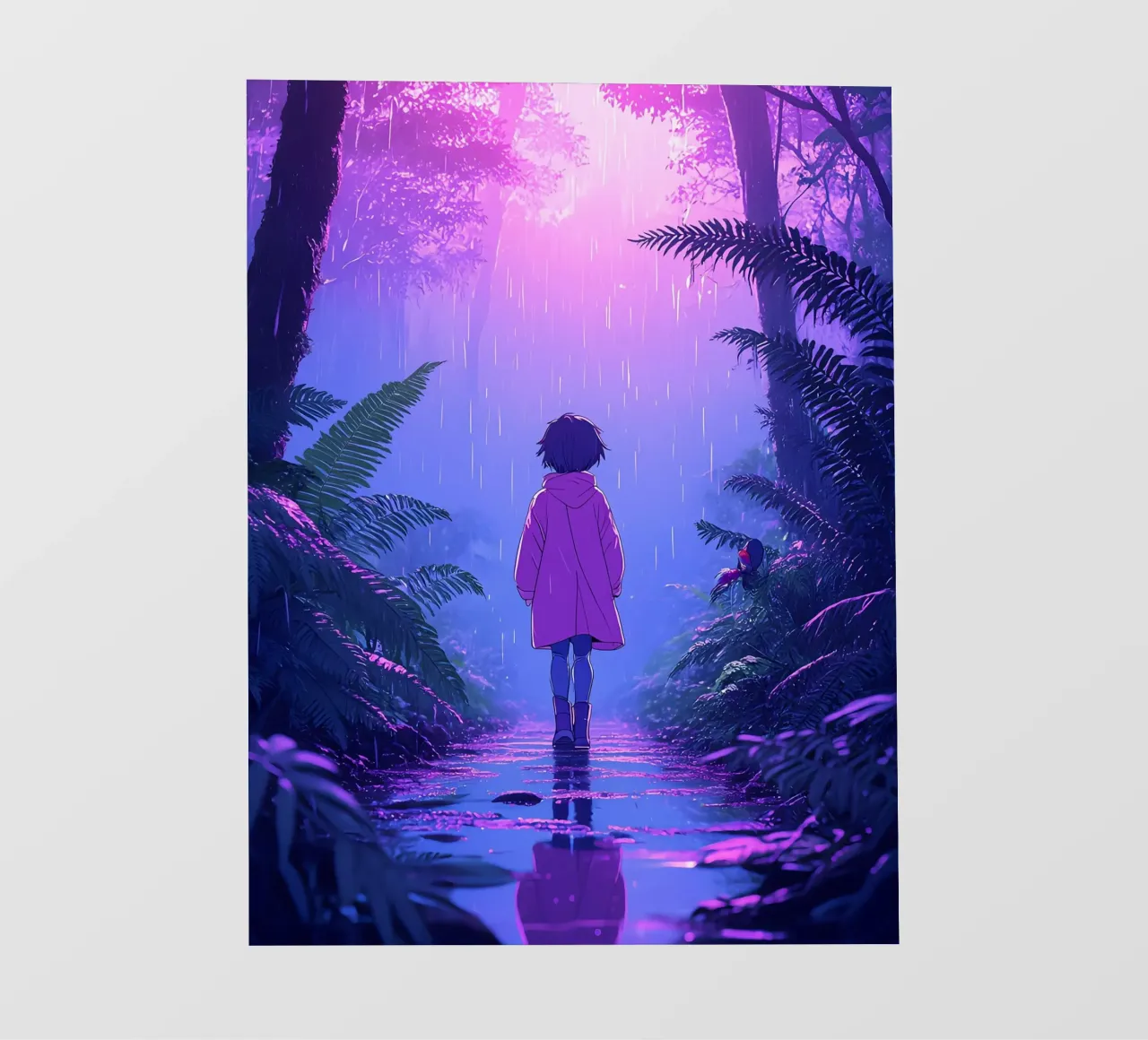 Una ragazza in piedi in una giungla in una notte di pioggia Lofi Art telo in pvc da LoFi Gallery