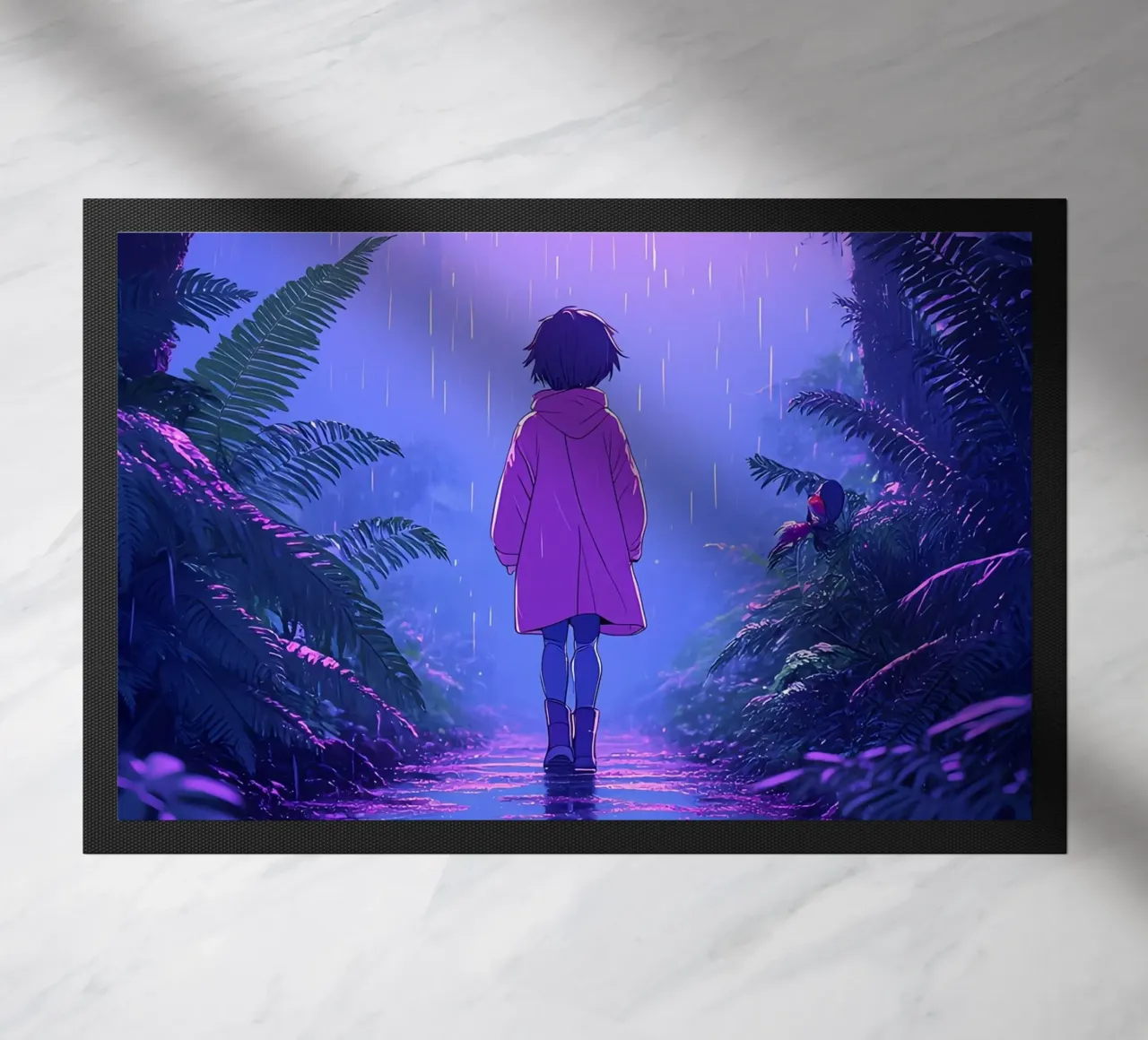 Una ragazza in piedi in una giungla in una notte di pioggia Lofi Art zerbino da LoFi Gallery