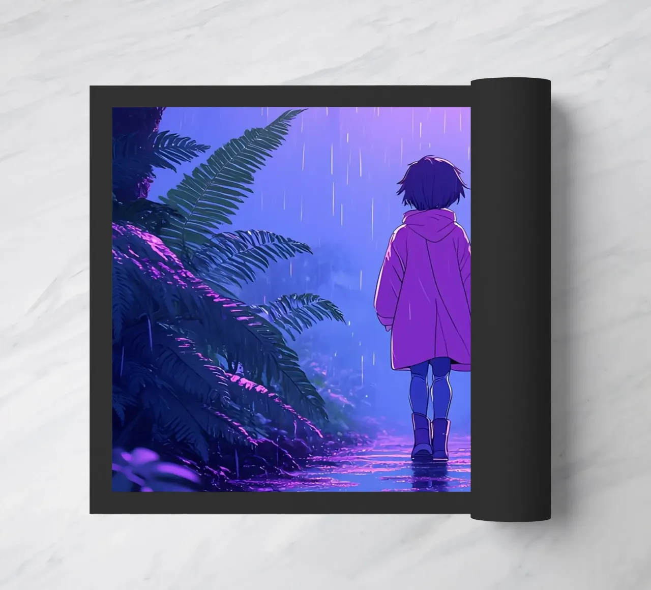 Una ragazza in piedi in una giungla in una notte di pioggia Lofi Art zerbino da LoFi Gallery