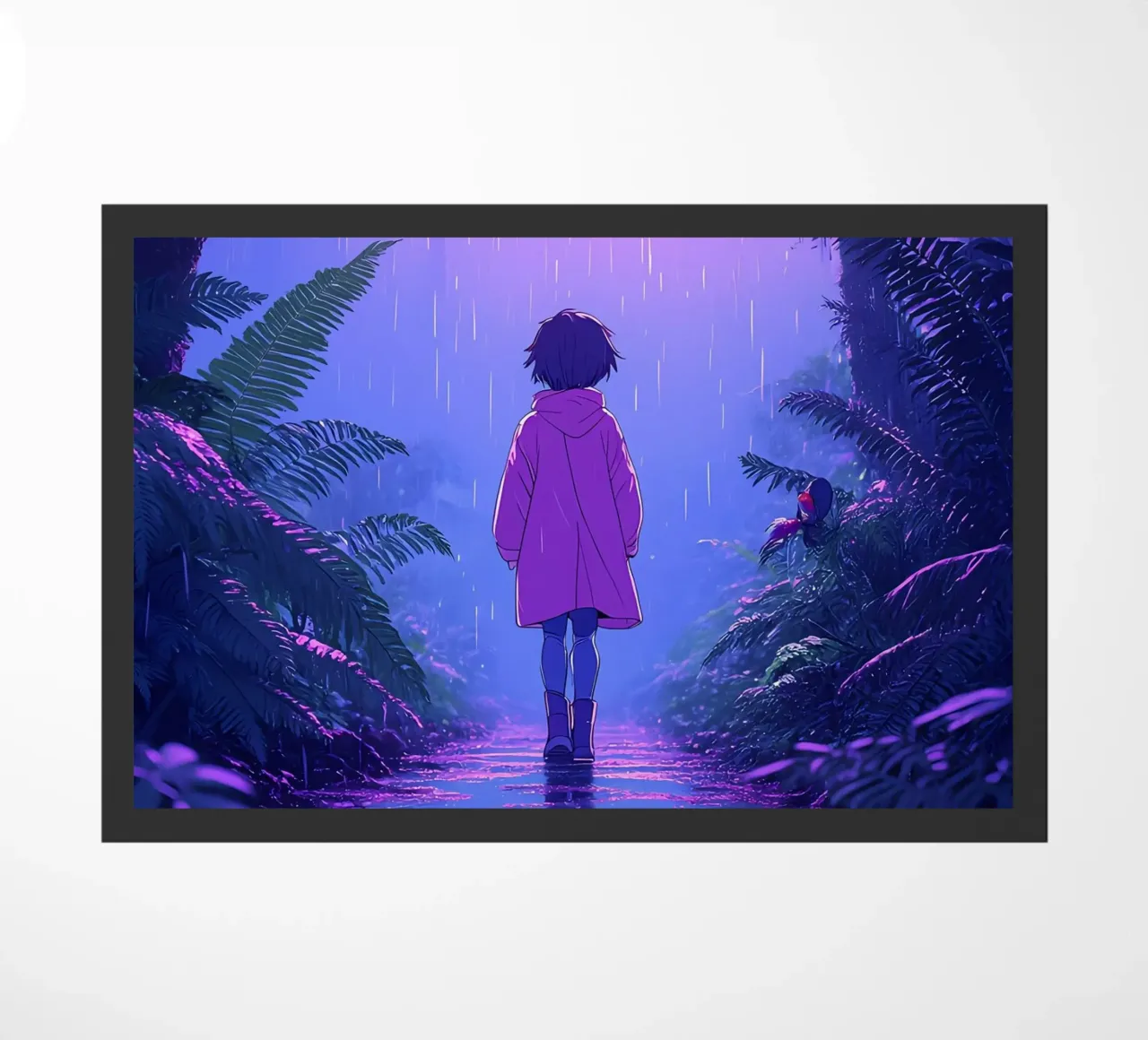 Una ragazza in piedi in una giungla in una notte di pioggia Lofi Art zerbino da LoFi Gallery
