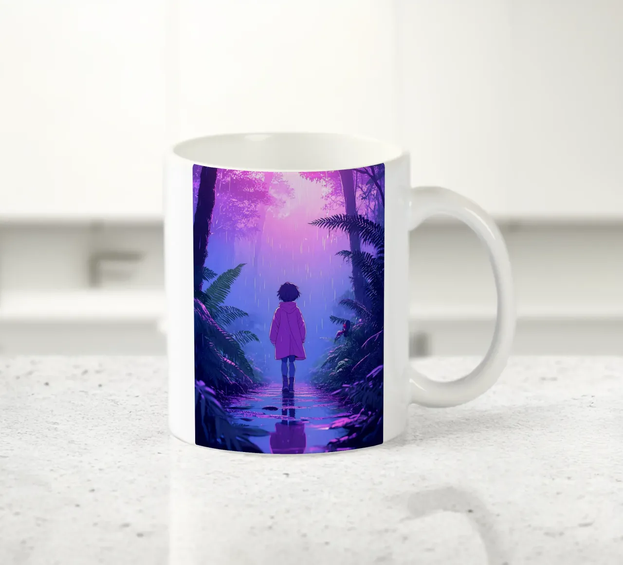 Una ragazza in piedi in una giungla in una notte di pioggia Lofi Art tazza in ceramica da LoFi Gallery