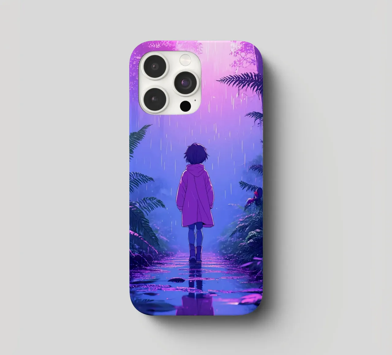 Una ragazza in piedi in una giungla in una notte di pioggia Lofi Art cover iphone da LoFi Gallery