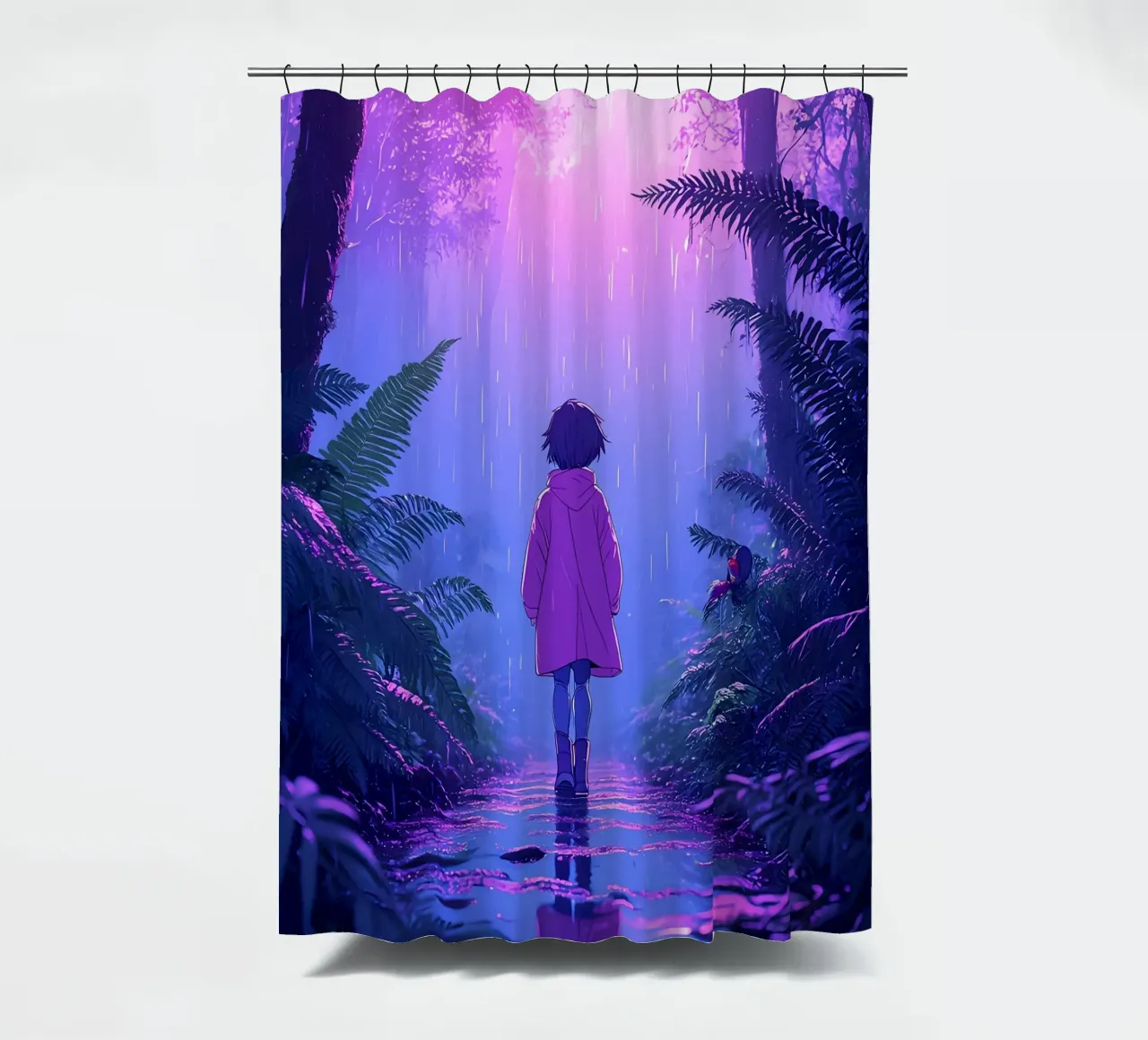 Una ragazza in piedi in una giungla in una notte di pioggia Lofi Art tenda da doccia da LoFi Gallery