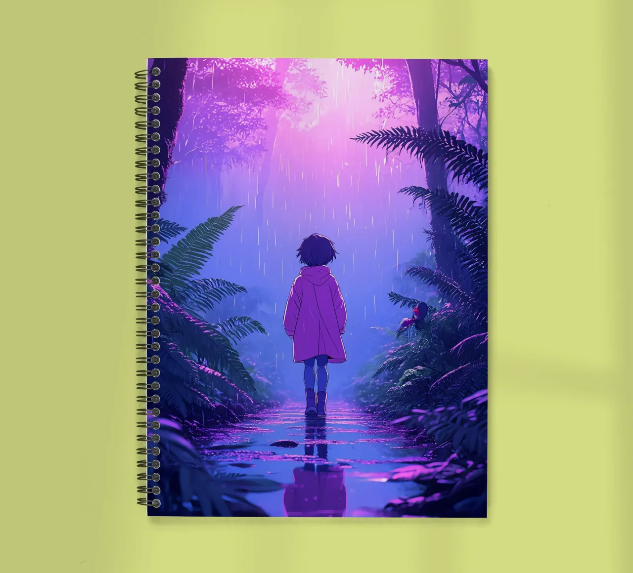 Una ragazza in piedi in una giungla in una notte di pioggia Lofi Art diario ad anelli da LoFi Gallery
