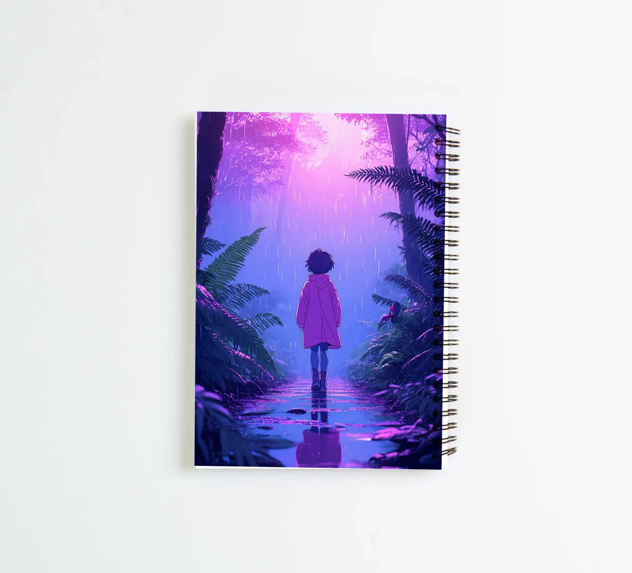 Una ragazza in piedi in una giungla in una notte di pioggia Lofi Art diario ad anelli da LoFi Gallery