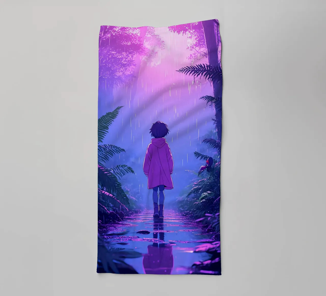 Una ragazza in piedi in una giungla in una notte di pioggia Lofi Art asciugamano da bagno da LoFi Gallery