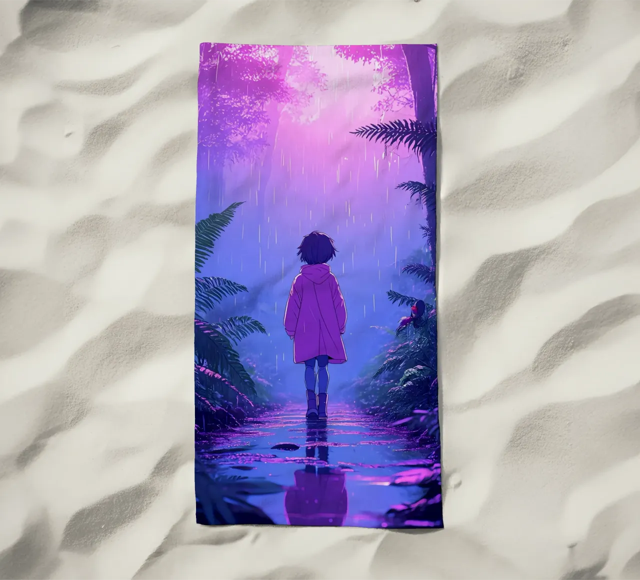 Una ragazza in piedi in una giungla in una notte di pioggia Lofi Art telo mare da LoFi Gallery