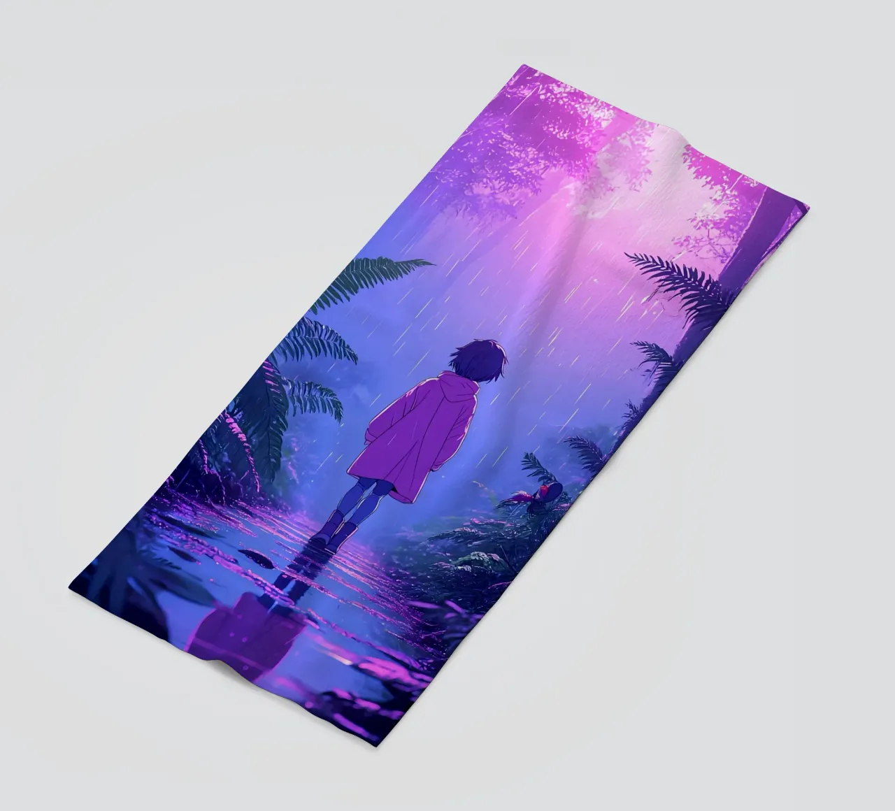 Una ragazza in piedi in una giungla in una notte di pioggia Lofi Art telo mare da LoFi Gallery