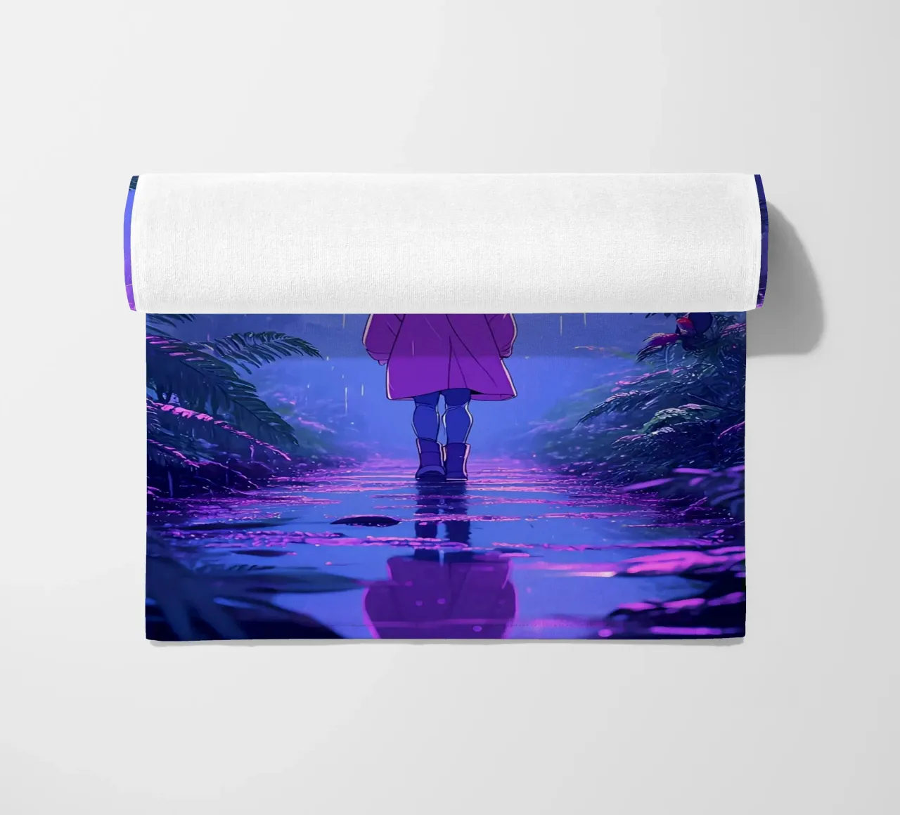 Una ragazza in piedi in una giungla in una notte di pioggia Lofi Art telo mare da LoFi Gallery