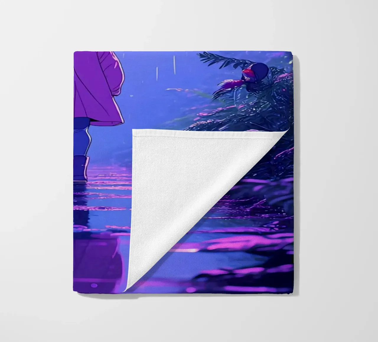 Una ragazza in piedi in una giungla in una notte di pioggia Lofi Art telo mare da LoFi Gallery