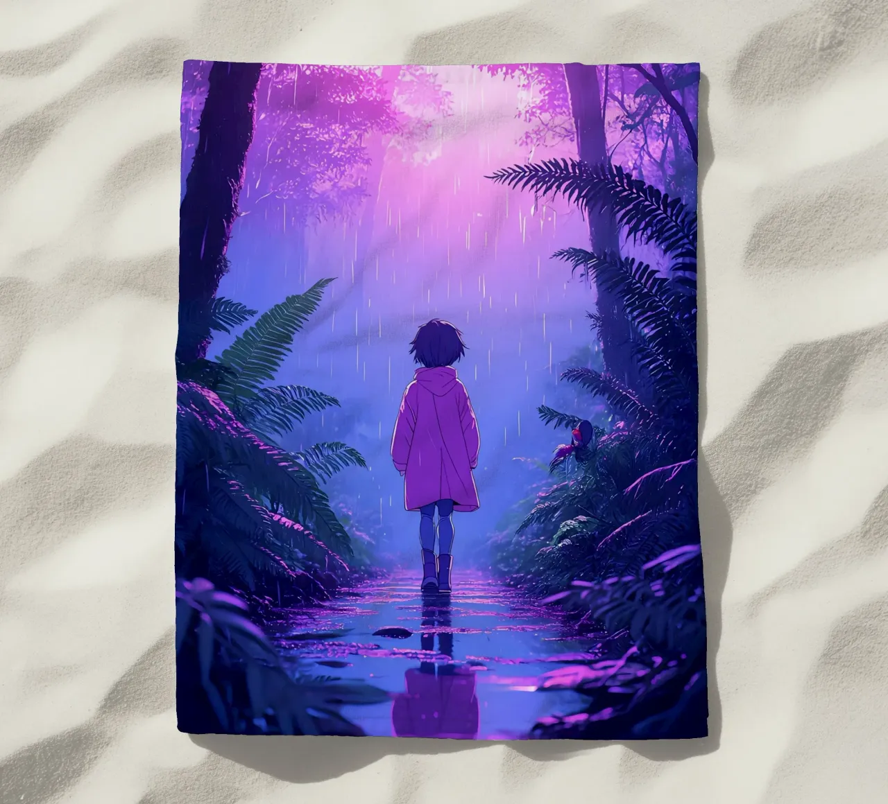 Una ragazza in piedi in una giungla in una notte di pioggia Lofi Art telo mare da LoFi Gallery