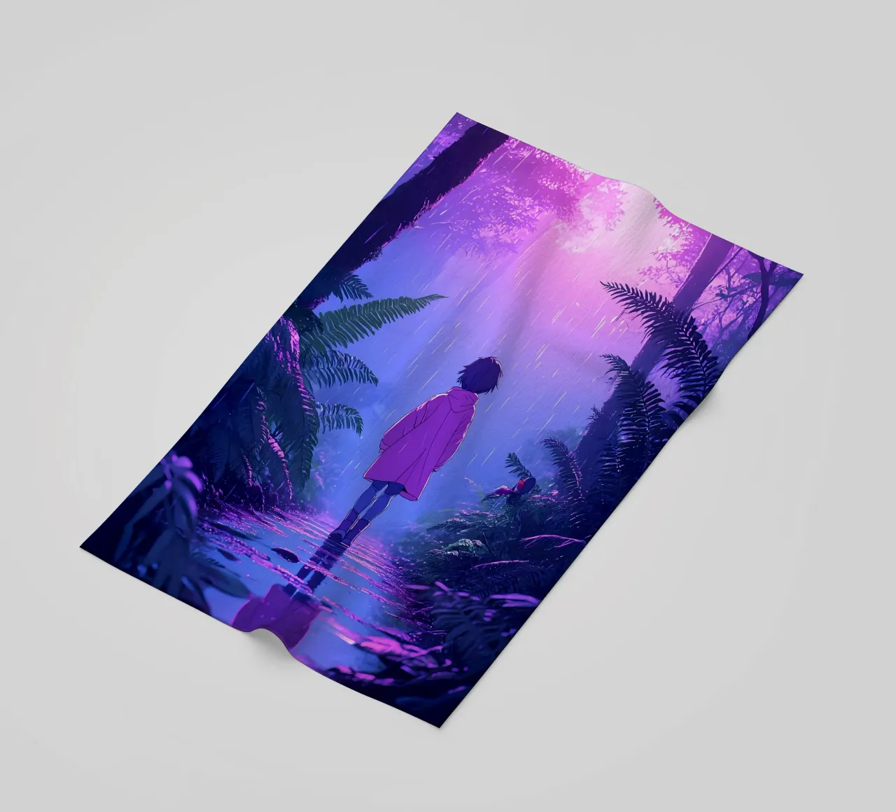 Una ragazza in piedi in una giungla in una notte di pioggia Lofi Art telo mare da LoFi Gallery