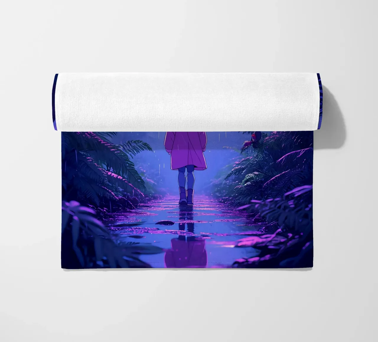 Una ragazza in piedi in una giungla in una notte di pioggia Lofi Art telo mare da LoFi Gallery