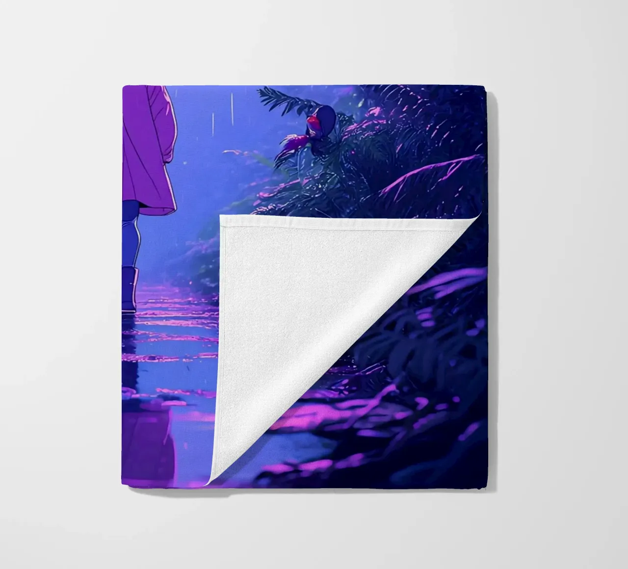 Una ragazza in piedi in una giungla in una notte di pioggia Lofi Art telo mare da LoFi Gallery