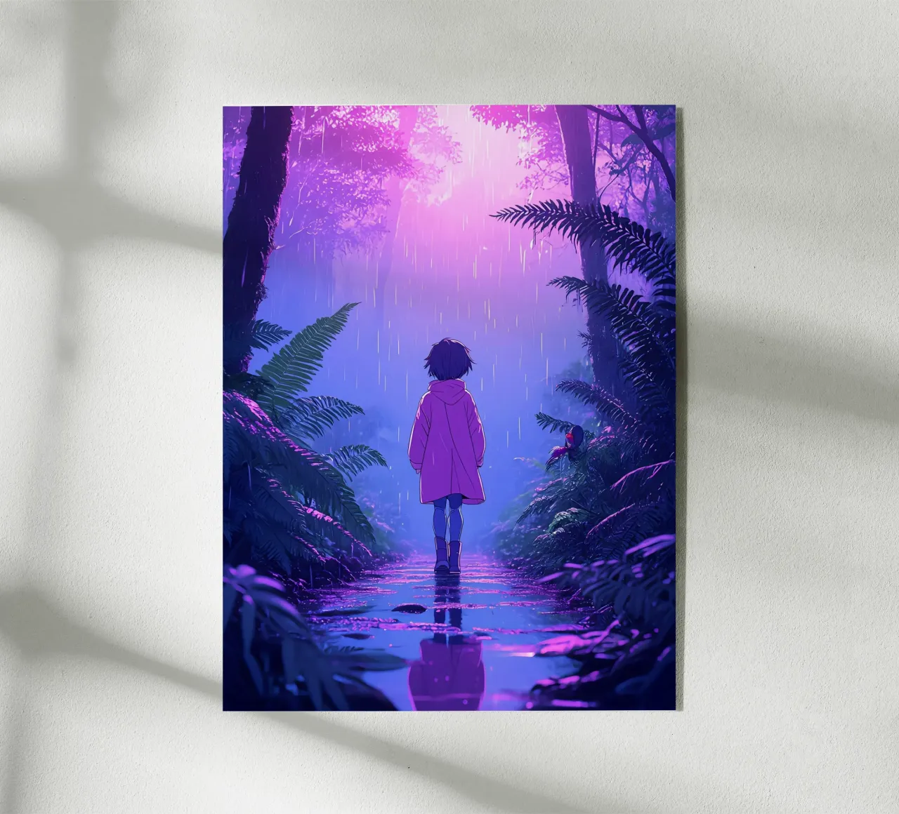 Una ragazza in piedi in una giungla in una notte di pioggia Lofi Art plexiglass da LoFi Gallery