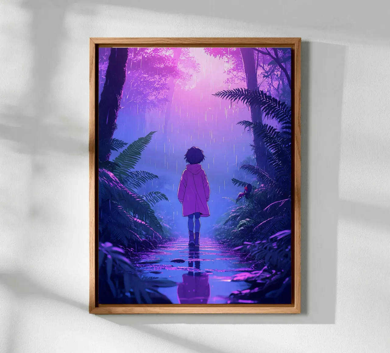 Una ragazza in piedi in una giungla in una notte di pioggia Lofi Art alluminio dibond da LoFi Gallery