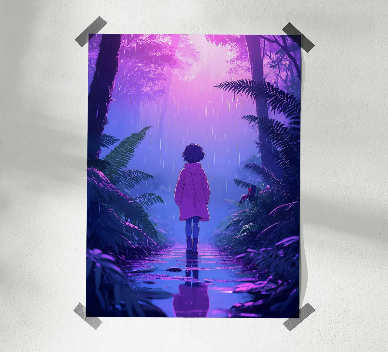 Una ragazza in piedi in una giungla in una notte di pioggia Lofi Art carta hahnemühle da LoFi Gallery