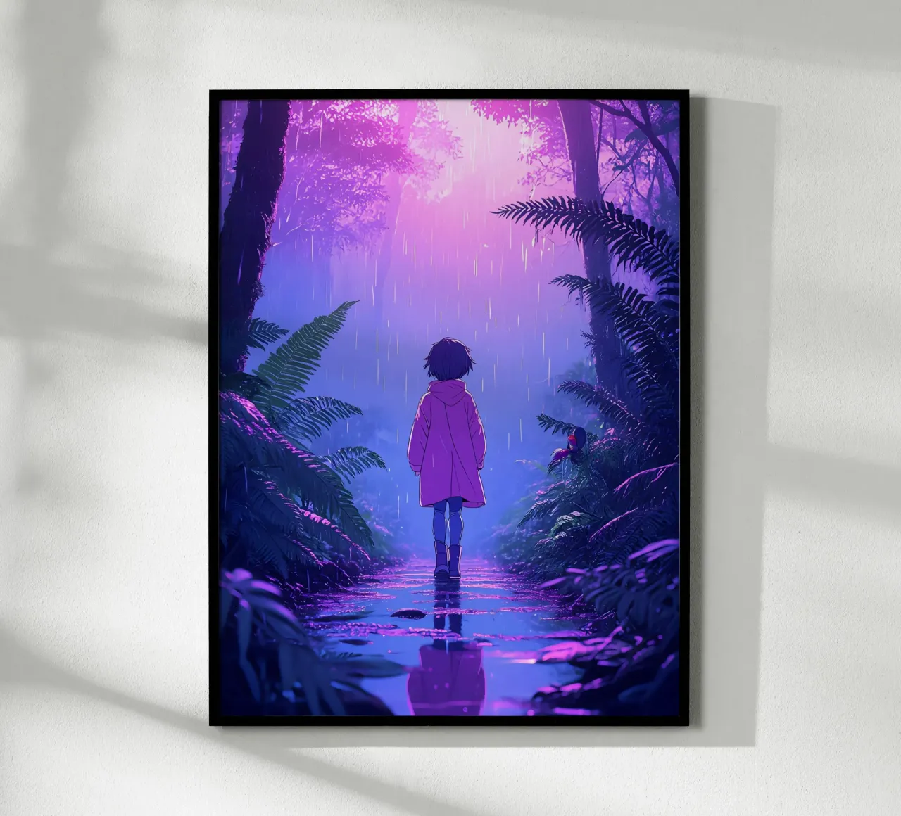 Una ragazza in piedi in una giungla in una notte di pioggia Lofi Art carta hahnemühle da LoFi Gallery