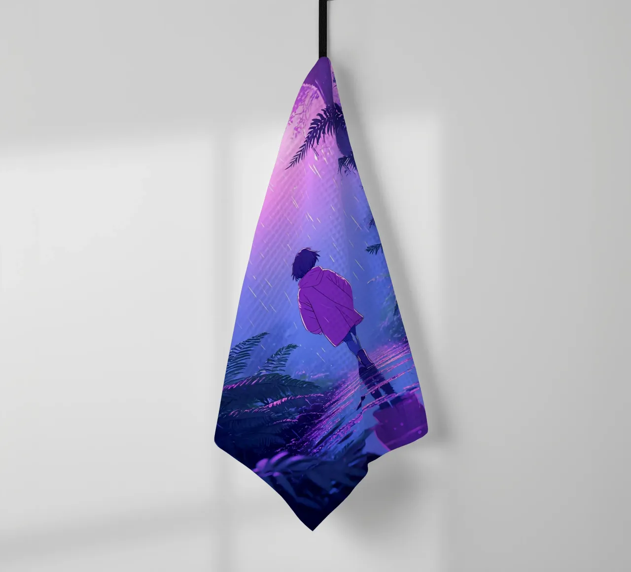 Una ragazza in piedi in una giungla in una notte di pioggia Lofi Art canovaccio da cucina da LoFi Gallery