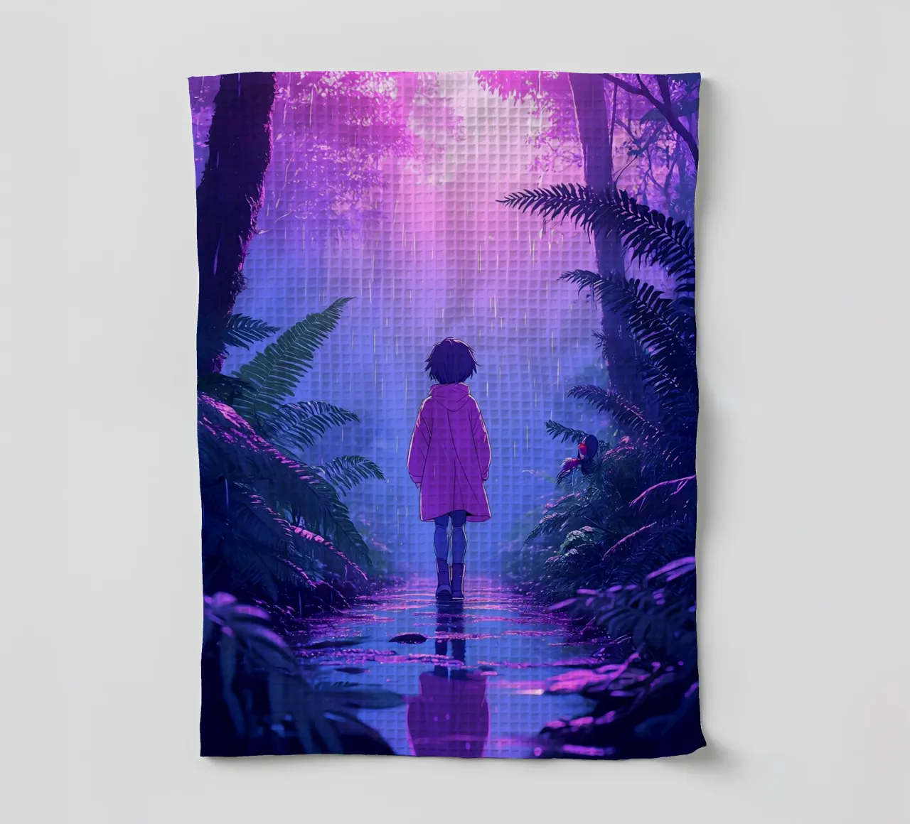 Una ragazza in piedi in una giungla in una notte di pioggia Lofi Art canovaccio da cucina da LoFi Gallery
