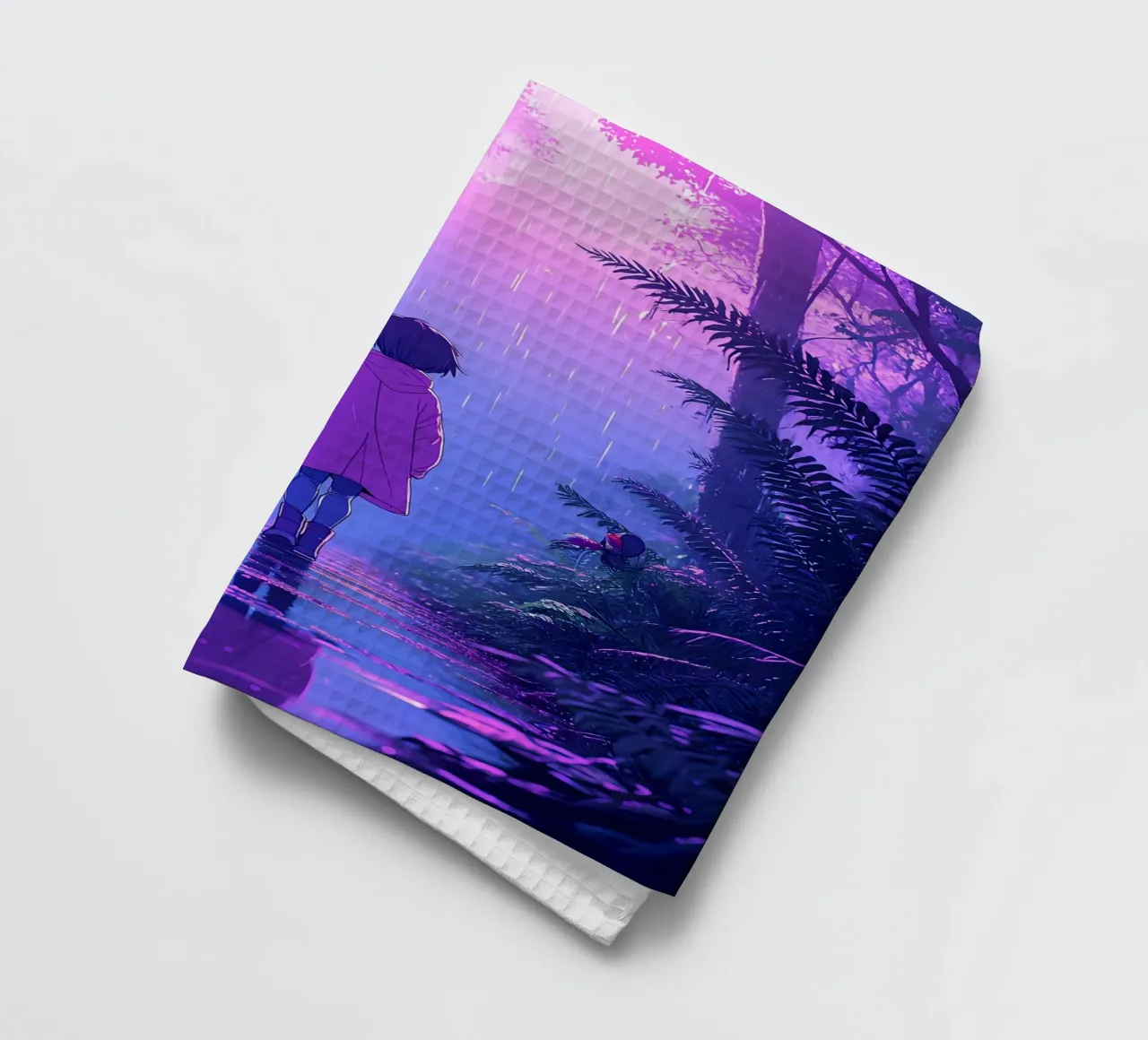 Una ragazza in piedi in una giungla in una notte di pioggia Lofi Art canovaccio da cucina da LoFi Gallery