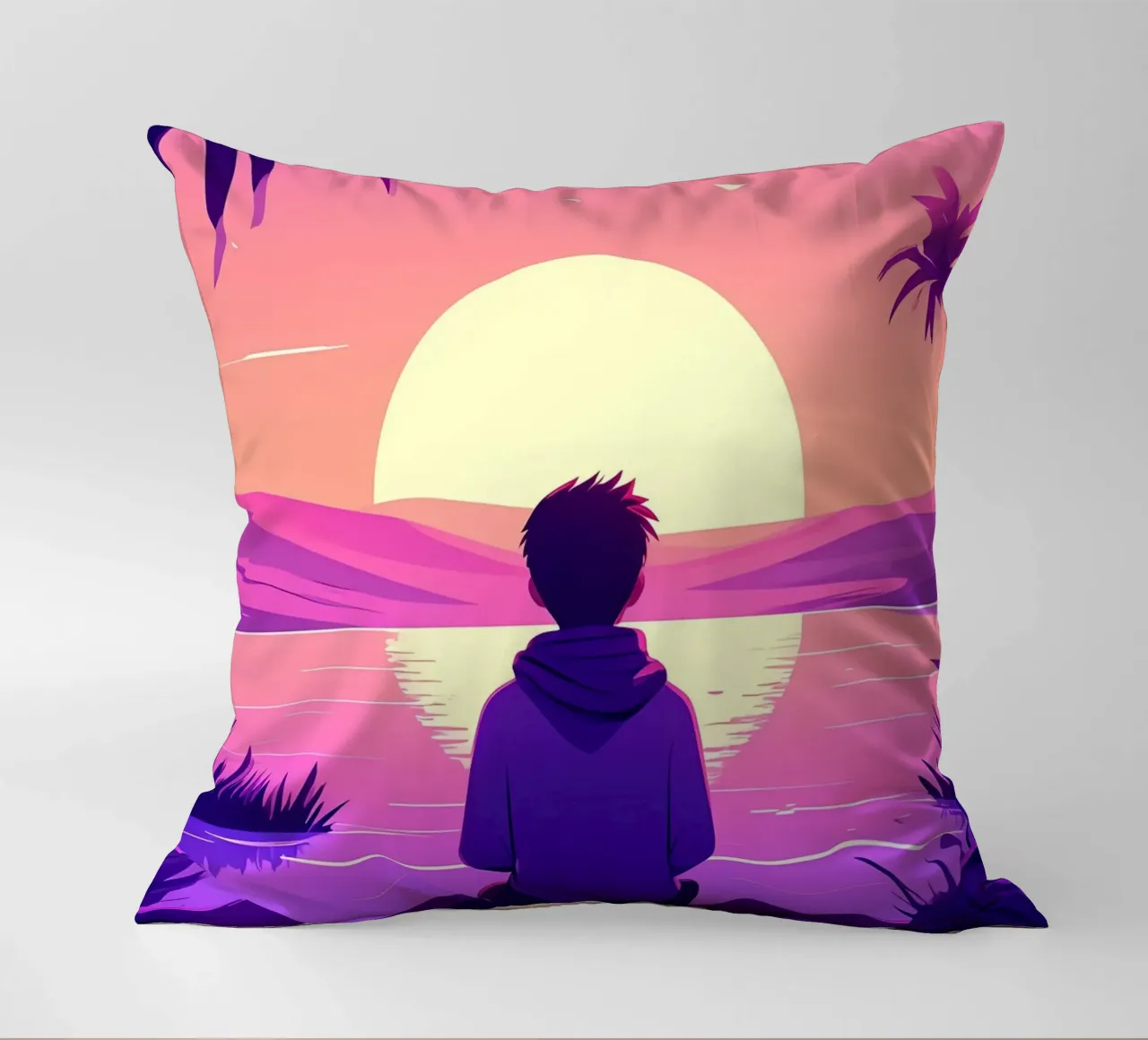 Ein Junge betrachtet den Sonnenuntergang Lofi Art Kissen von LoFi Gallery