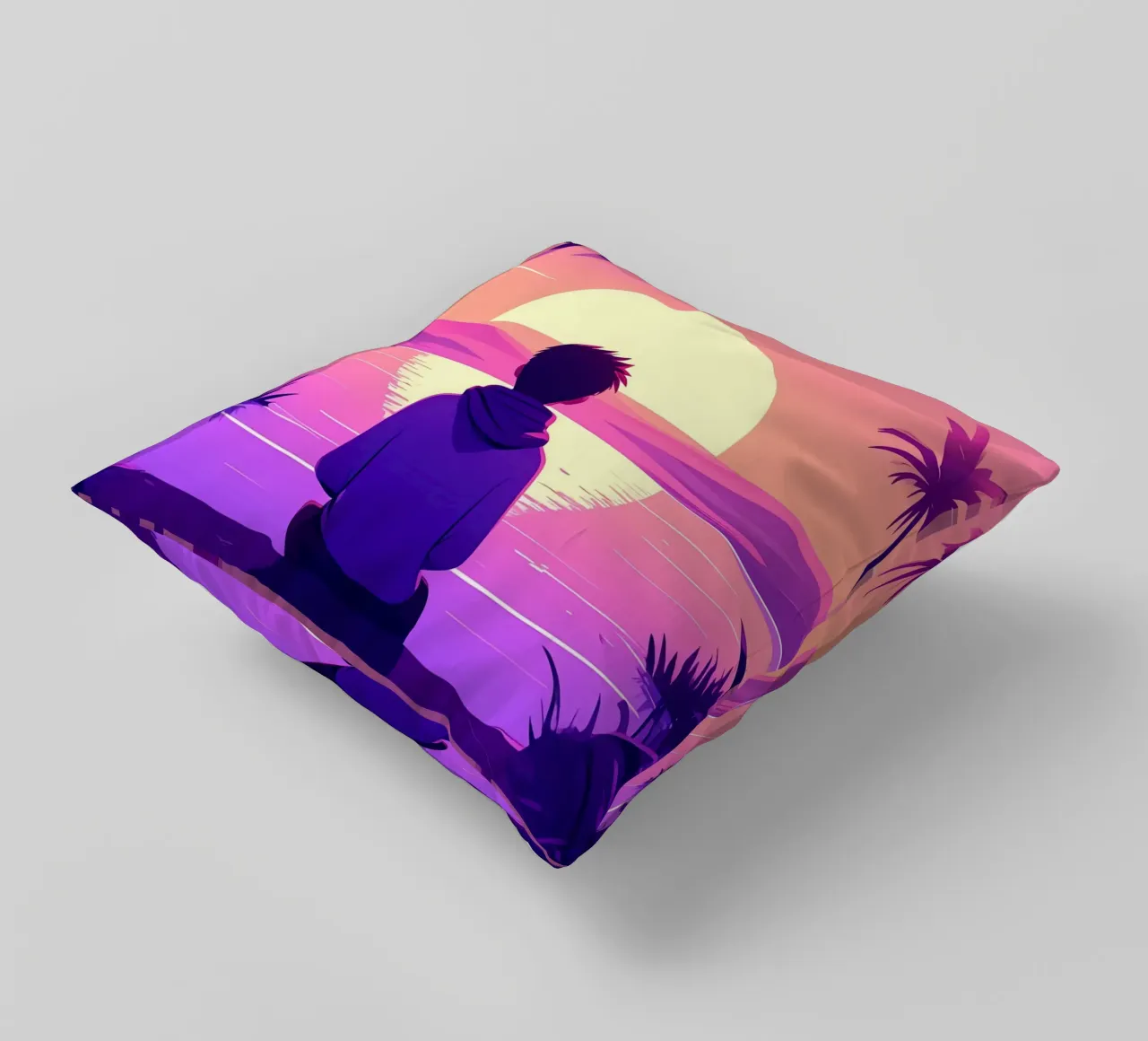 Ein Junge betrachtet den Sonnenuntergang Lofi Art Kissen von LoFi Gallery