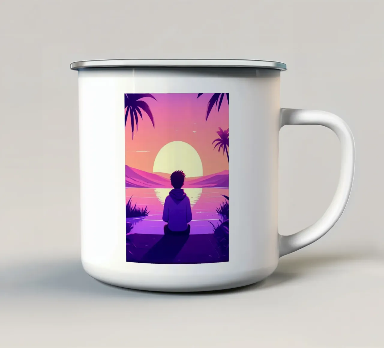 A Boy Looking At Sunset Lofi Art enamel mug by LoFi Gallery
