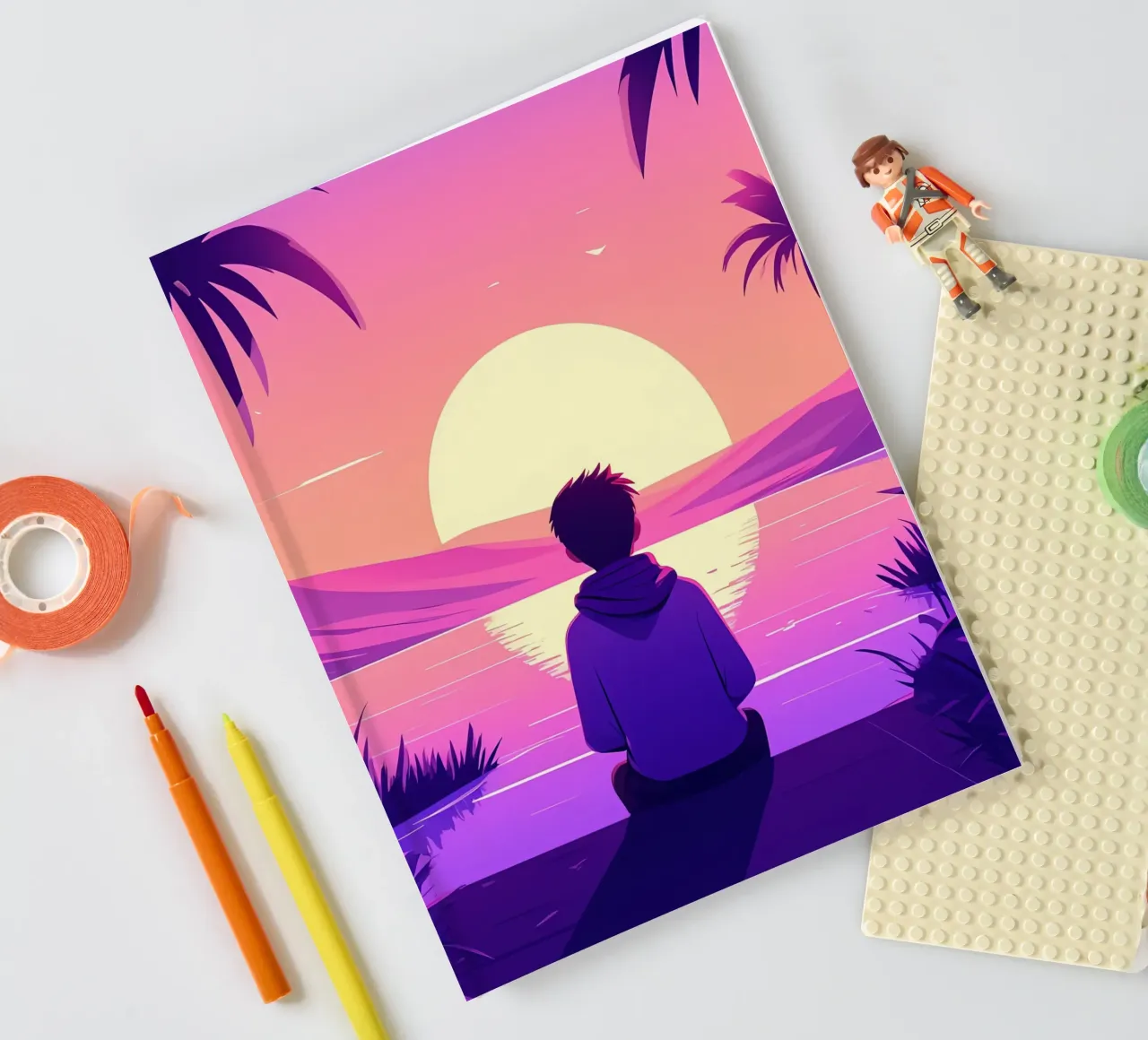 A Boy Looking At Sunset Lofi Art notebook by LoFi Gallery
