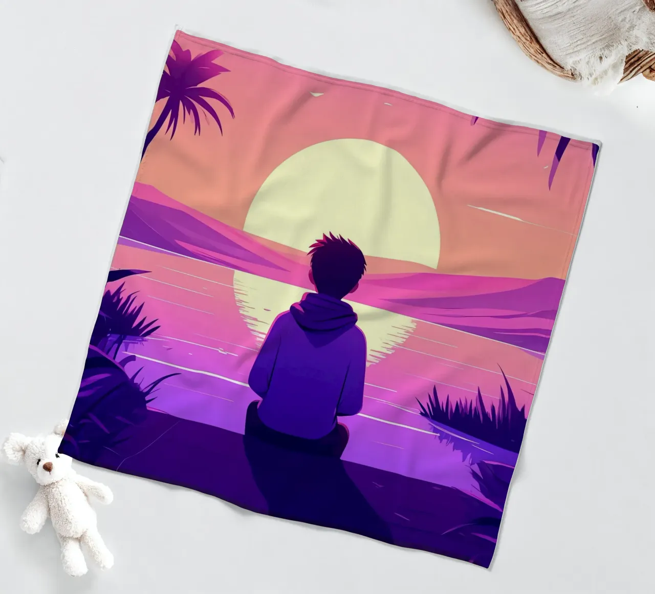 Un ragazzo che guarda il tramonto Lofi Art coperta in pile da LoFi Gallery