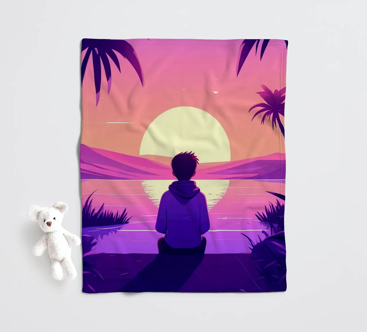 Un ragazzo che guarda il tramonto Lofi Art coperta in pile da LoFi Gallery