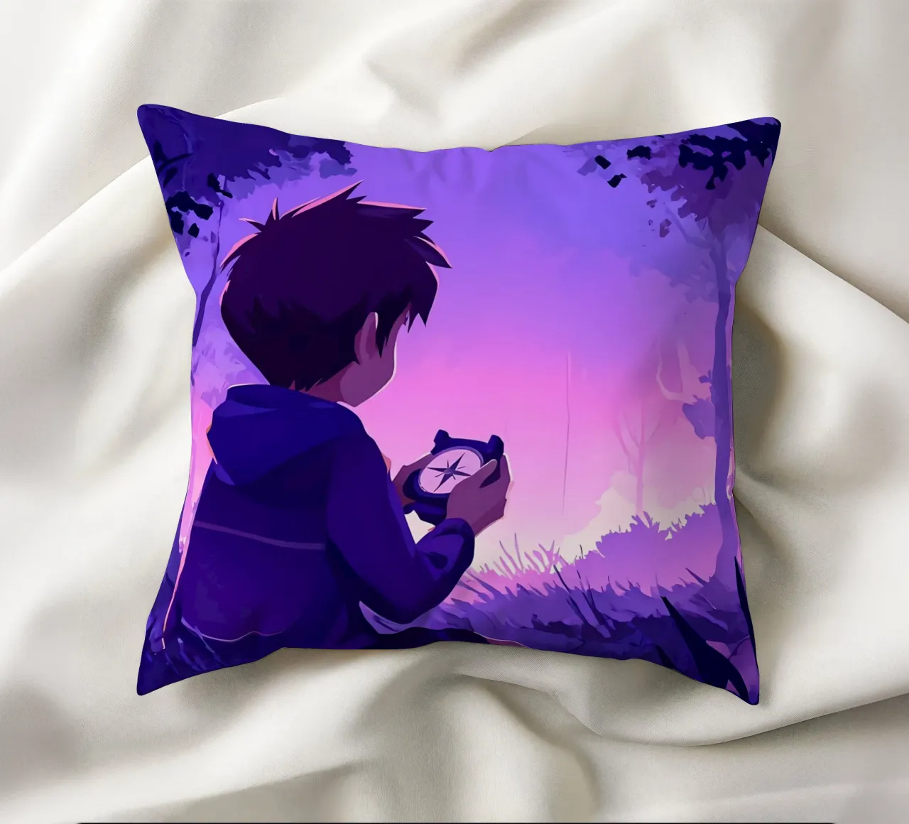 Un ragazzo perso nella giungla e in cerca di una direzione Lofi Art cuscino da LoFi Gallery