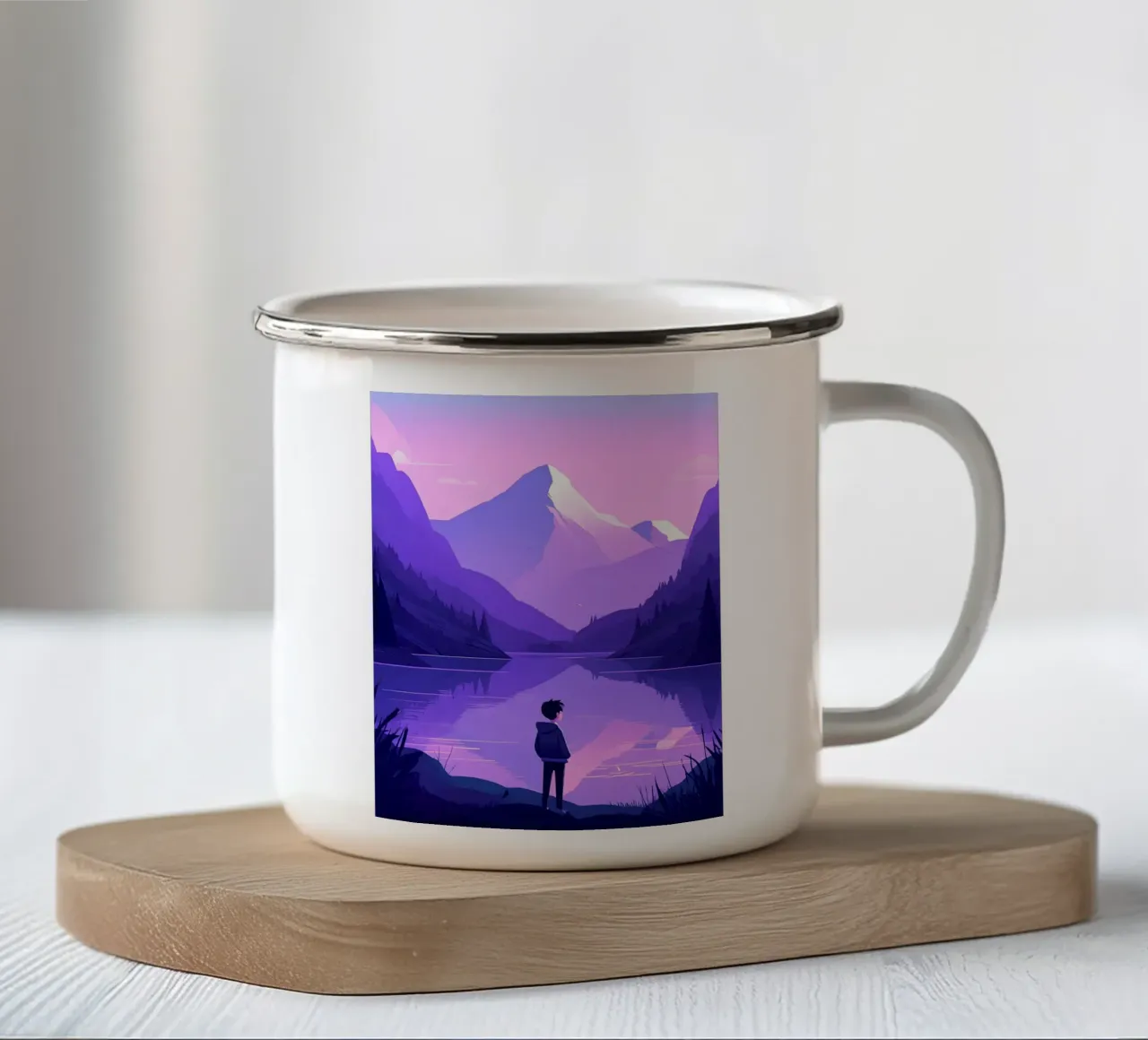 Un ragazzo in piedi vicino a un lago di montagna Lofi Art tazza in smalto da LoFi Gallery