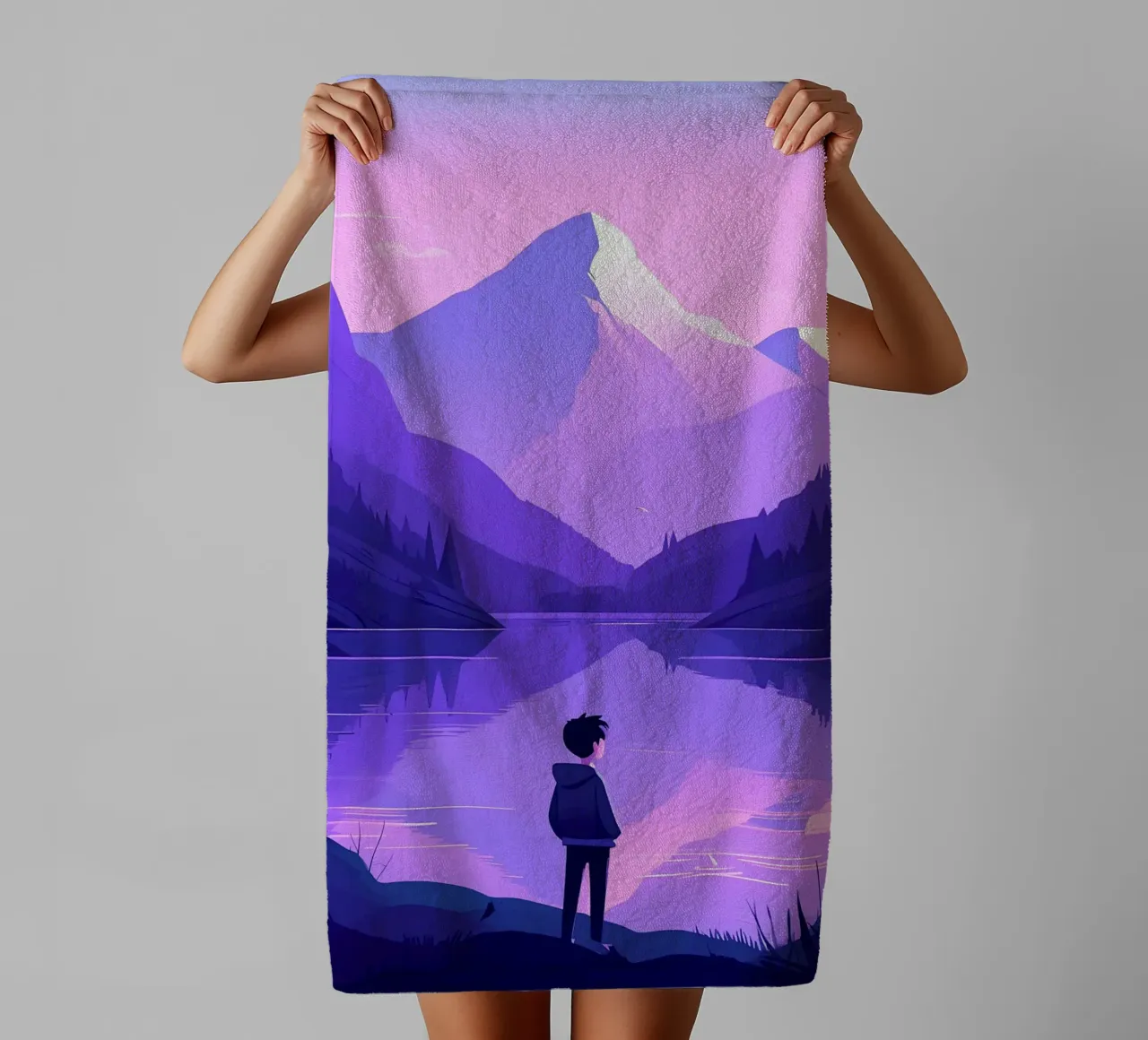 Ein Junge, der in der Nähe eines Bergsees steht Lofi Art Handtuch von LoFi Gallery