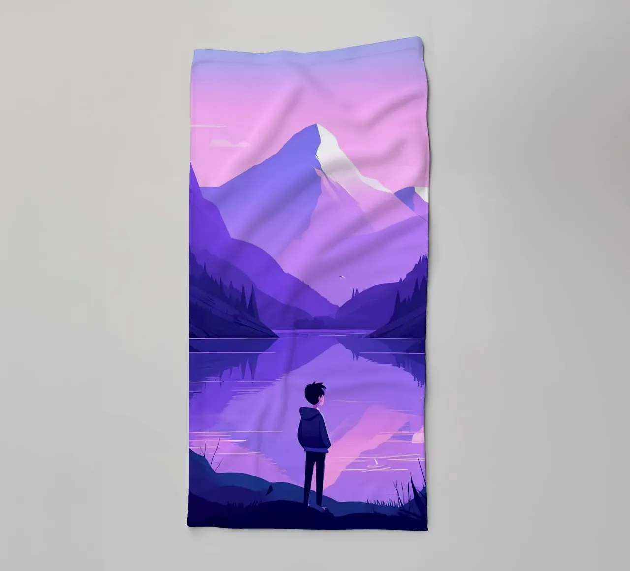 Ein Junge, der in der Nähe eines Bergsees steht Lofi Art Handtuch von LoFi Gallery