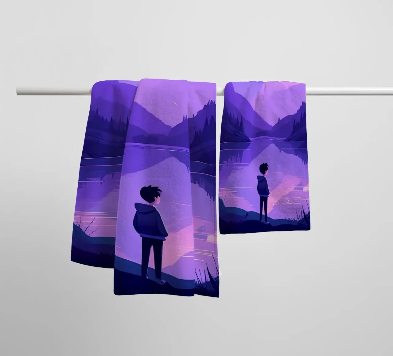 Ein Junge, der in der Nähe eines Bergsees steht Lofi Art Handtuch von LoFi Gallery