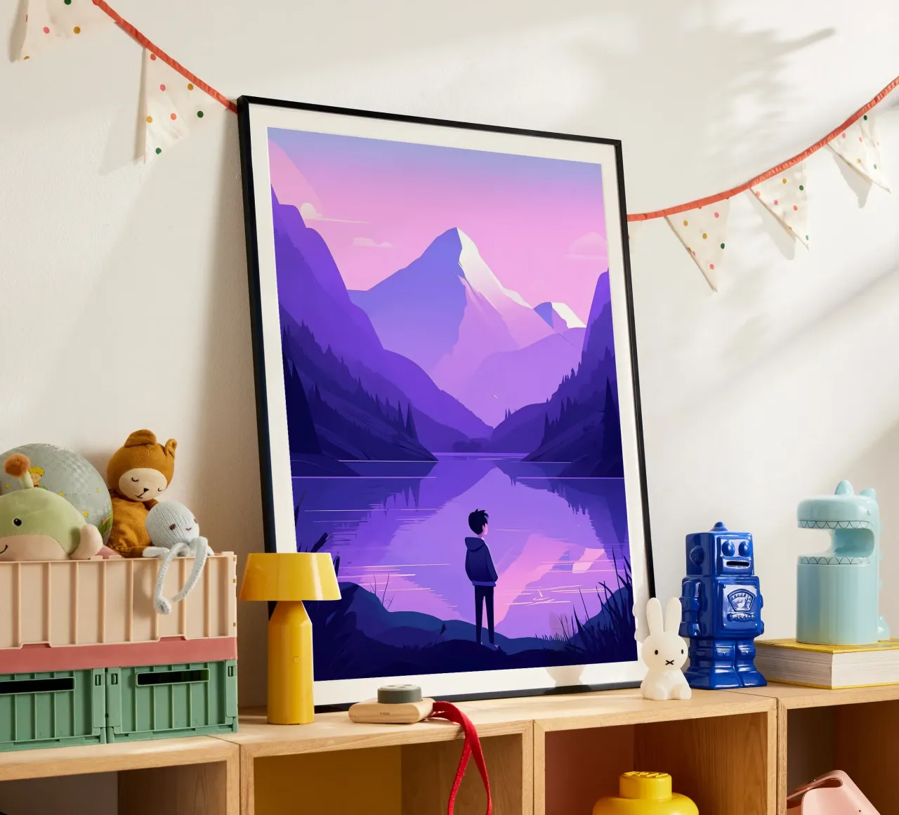 Un ragazzo in piedi vicino a un lago di montagna Lofi Art poster con telaio in plastica da LoFi Gallery