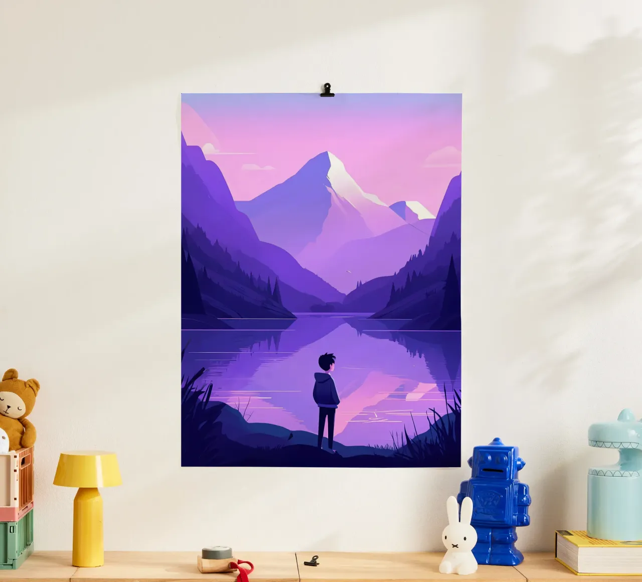 Un ragazzo in piedi vicino a un lago di montagna Lofi Art poster con telaio in plastica da LoFi Gallery