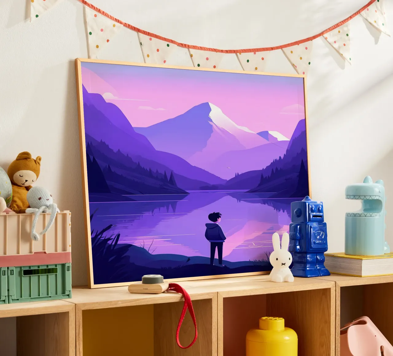 Un ragazzo in piedi vicino a un lago di montagna Lofi Art poster con telaio in plastica da LoFi Gallery